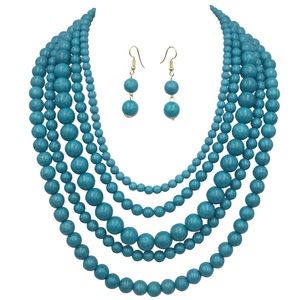 Aqua Blue Stone Look Layered Necklace Earrings Set